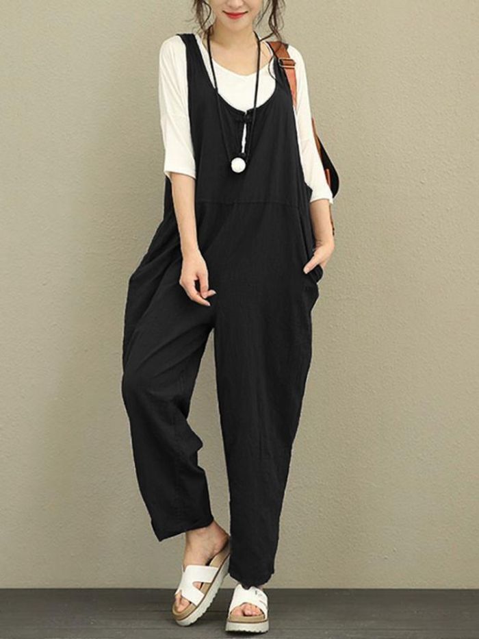 Retro Solid Color Women's Fashion Casual Loose Sleeveless Cargo Jumpsuits