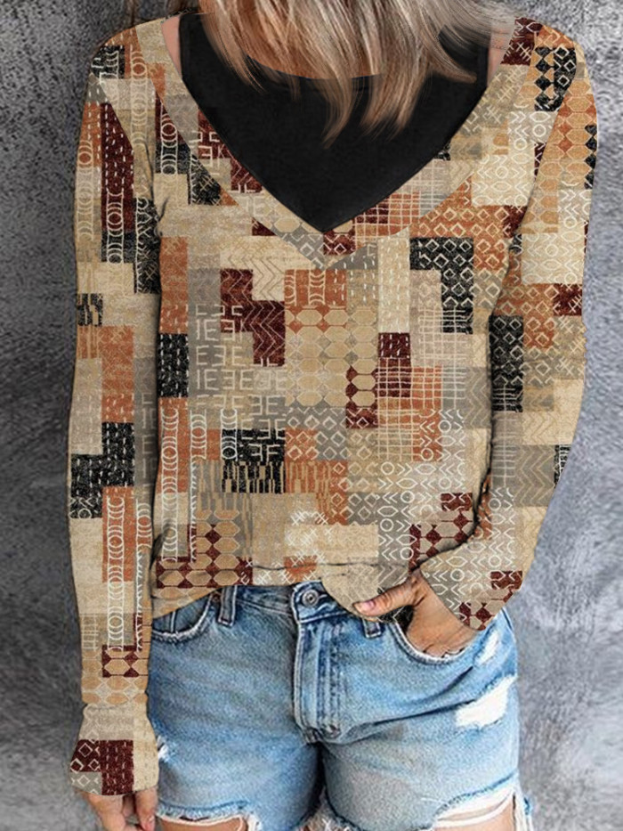 Women's Casual Retro Round Neck Print Colorblock False Two-Piece Long Sleeve  Blouses Top