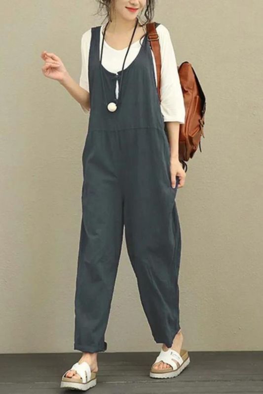 Retro Solid Color Women's Fashion Casual Loose Sleeveless Cargo Jumpsuits