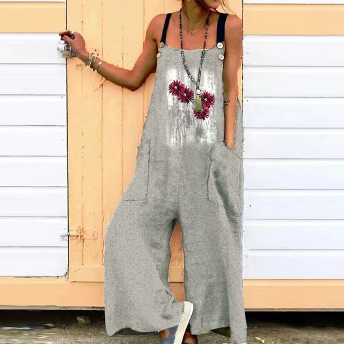 Sexy Slant Neck Print Loose Fashion Strapless Casual Wide Leg Jumpsuit