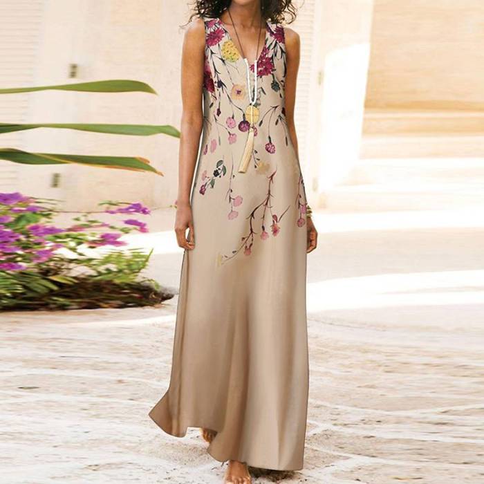 Summer Boho Beach V Neck Sleeveless Casual Floral Print  Maxi Dress