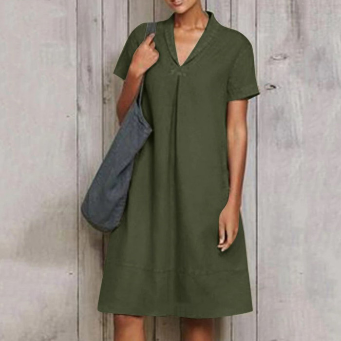Cotton Linen Short Sleeve Casual Pullover Elegant Sexy Casual Dress