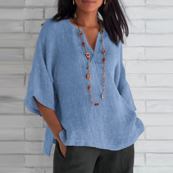 Women Solid Color Retro Casual V Neck Loose Casual  Blouses & Shirts Tops