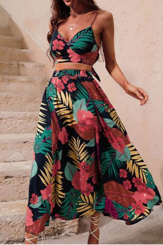 Summer Ladies Bohemian Style Print Sexy V Neck Skirt  Two Pieces Set