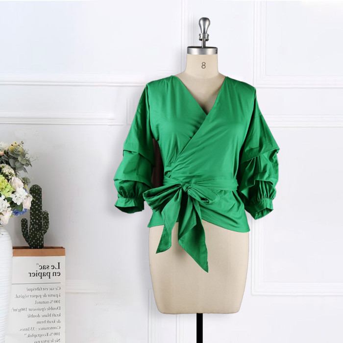 Women's Fashion Solid Color Cross Tie Puff Sleeve Sexy V-Neck Casual Blouses & Shirts