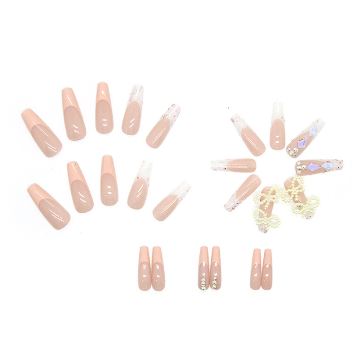 24PCS Trendy Pearl Bow Wear Glitter French  Nails