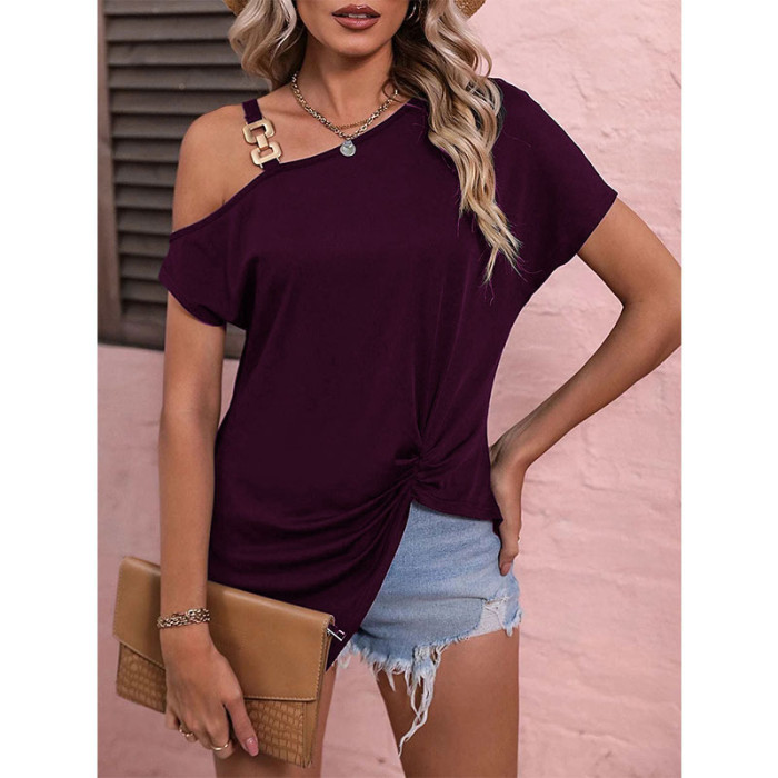 Summer Loose Sexy One Off Shoulder  Metal Ring Buckle Strap Solid Blouses & Shirts