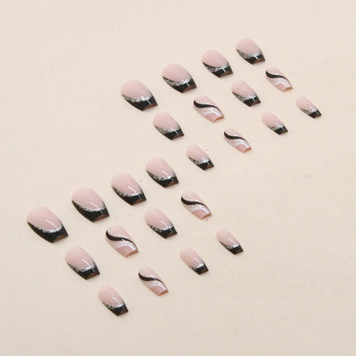 Short Ballet Nail Black Glitter Powder French Simple Stripe Manicure Sheet Fake Nails