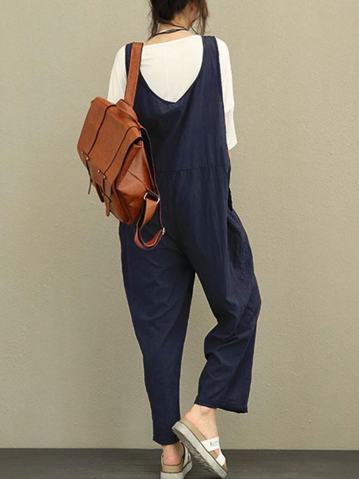 Retro Solid Color Women's Fashion Casual Loose Sleeveless Cargo Jumpsuits