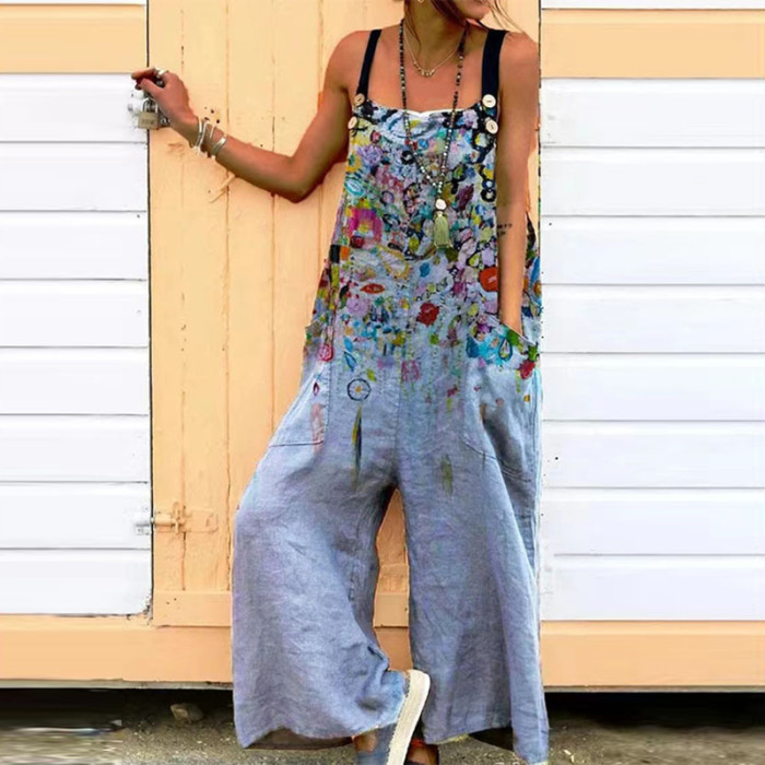 Sexy Slant Neck Print Loose Fashion Strapless Casual Wide Leg Jumpsuit