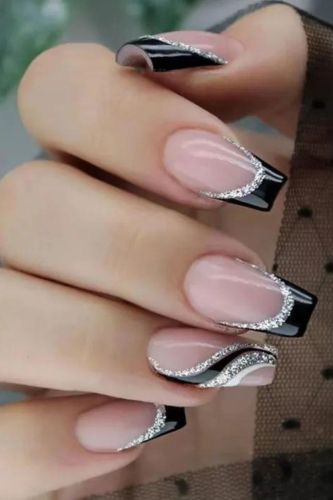 Short Ballet Nail Black Glitter Powder French Simple Stripe Manicure Sheet Fake Nails