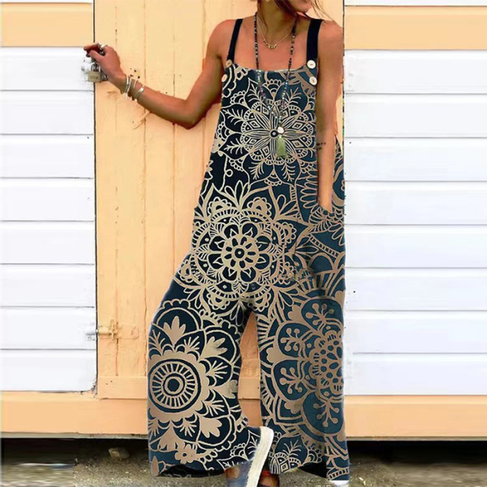 Sexy Slant Neck Print Loose Fashion Strapless Casual Wide Leg Jumpsuit