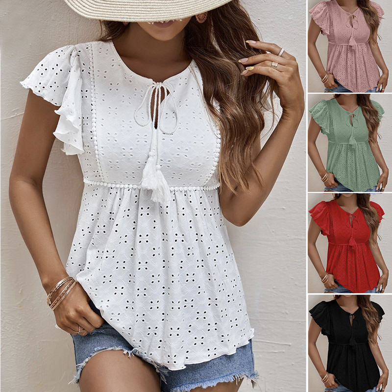 Summer Lace Lace Top Hollow Butterfly Sleeve Elegant Fashion Office Blouses & Shirts
