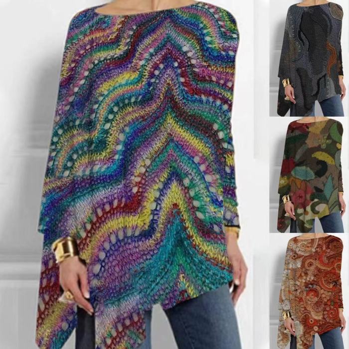 Women's Fashion Casual Vintage Print Loose Long Sleeve  Blouses & Shirts Top