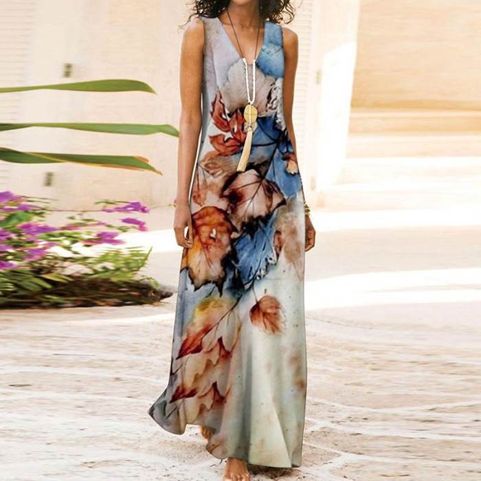 Summer Boho Beach V Neck Sleeveless Casual Floral Print  Maxi Dress
