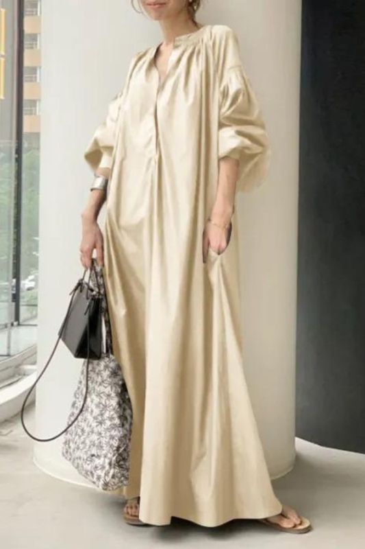 Fashion Ladies Balloon Sleeve V Neck Solid Color Loose Party Maxi Dress