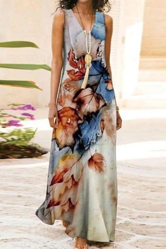 Summer Boho Beach V Neck Sleeveless Casual Floral Print  Maxi Dress