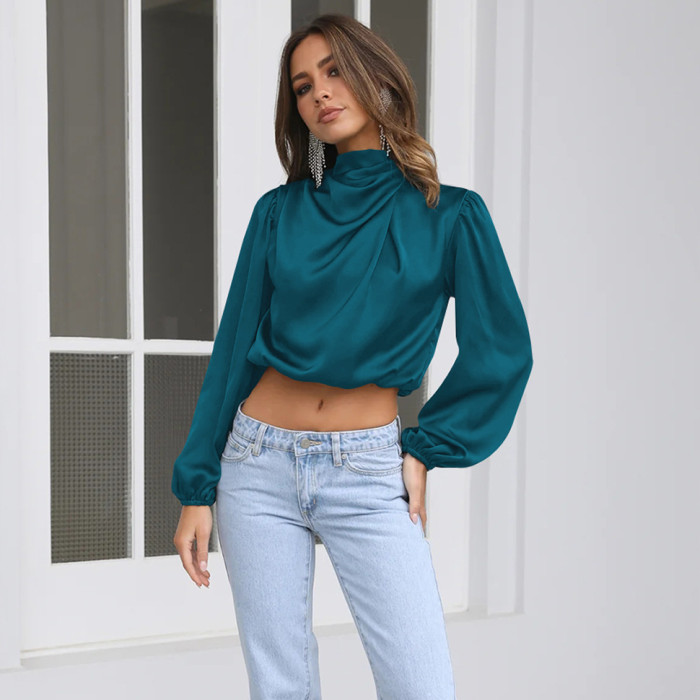 Summer Women's Satin Puff Sleeve Casual Turtleneck Solid Color  Blouses Top