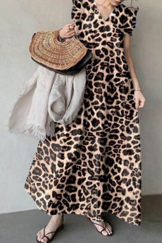Fashion Print Temperament V Neck Bohemian Loose Plus Size Maxi Dress