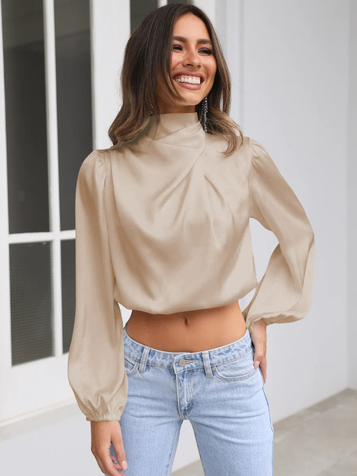 Summer Women's Satin Puff Sleeve Casual Turtleneck Solid Color  Blouses Top