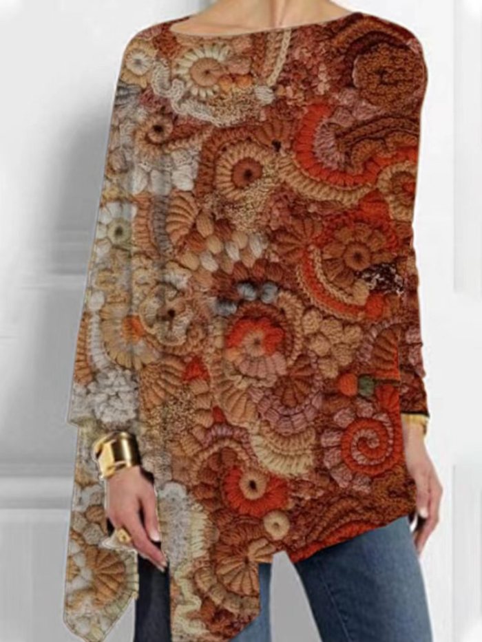 Women's Fashion Casual Vintage Print Loose Long Sleeve  Blouses & Shirts Top