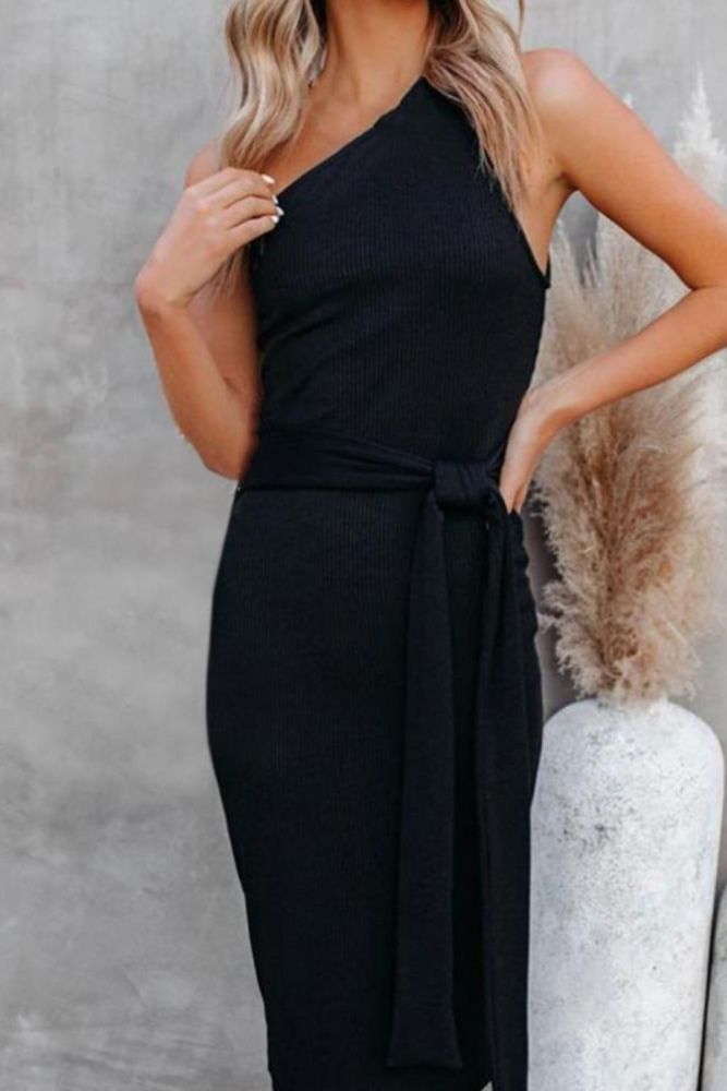 Women's Fashion Lace Up Waist Tight Hip Package Hip Off Shoulder Sleeveless Knit Midi Dress