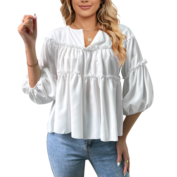 Summer Ladies Solid Color Fashion Casual Balloon Sleeve Blouses & Shirts Tops