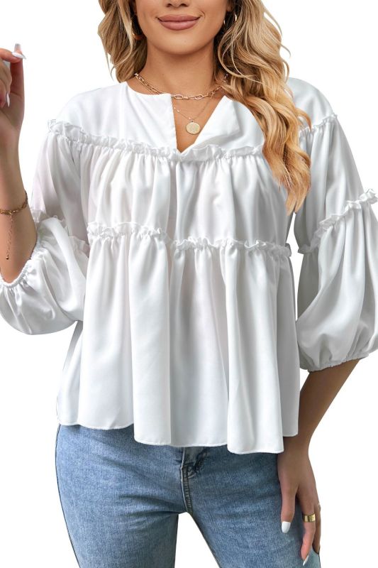Summer Ladies Solid Color Fashion Casual Balloon Sleeve Blouses & Shirts Tops