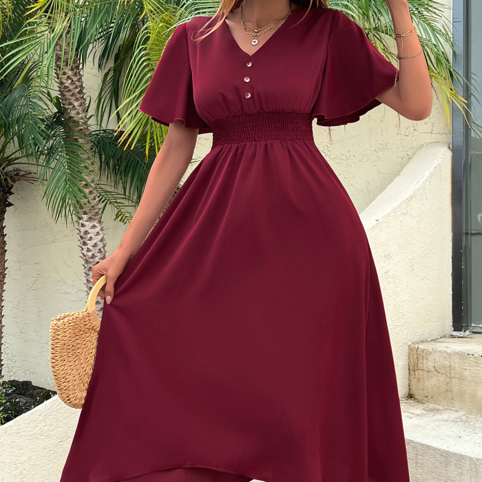 Women Fashion Elegant V Neck A Line Solid Color Casual Midi Dress