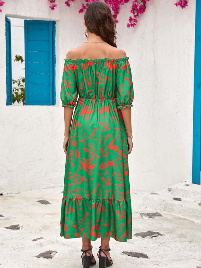 Summer Fashion Print Off Shoulder A-Line Holiday Beach Party Maxi Dress