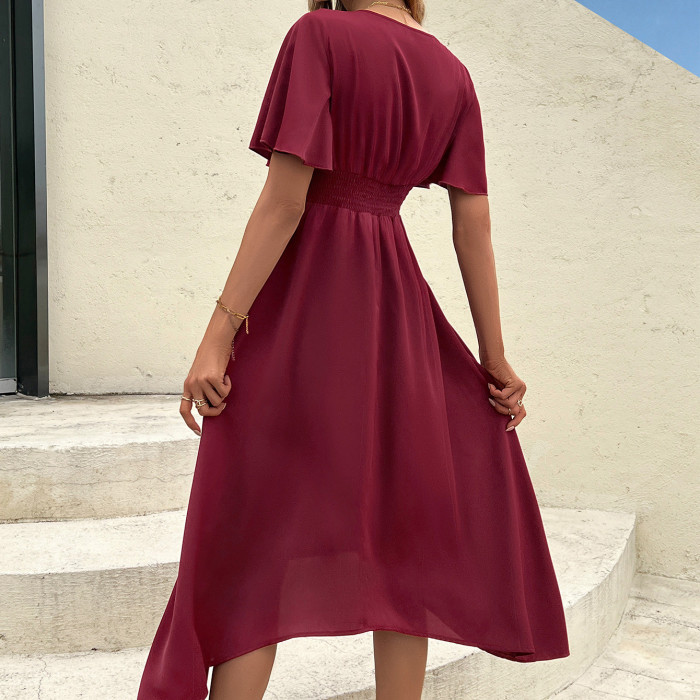 Women Fashion Elegant V Neck A Line Solid Color Casual Midi Dress
