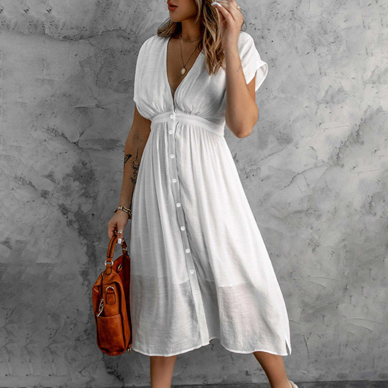 Casual Solid Color Ladies Summer Fashion V Neck Sleeveless  Midi Dress