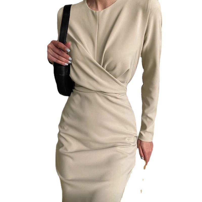 Casual Solid Color O Neck Party Elegant Long Sleeve Pleated Fashion Slit Body Maxi Dress