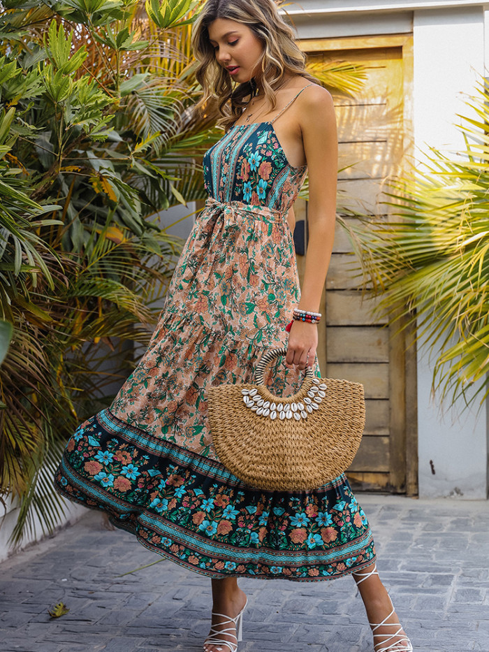 Sexy Floral Print Summer Casual Backless Ruffle Bohemian Elegant Sling Party Maxi Dress
