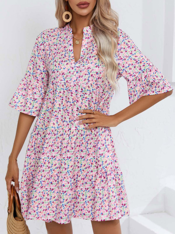 Stylish and Elegant Floral Print Retro Balloon Sleeve Shirt Casual Dress