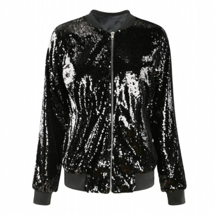 Women Sequin Coat Bomber Long Sleeve Loose Casual Jacket Outwear