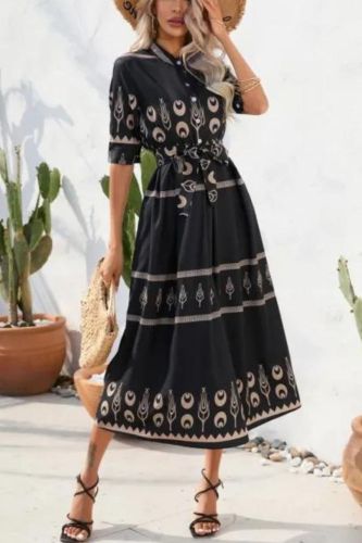 Women's Summer Ethnic Style Print High Waist A-Line Tie Fashion Midi Dress