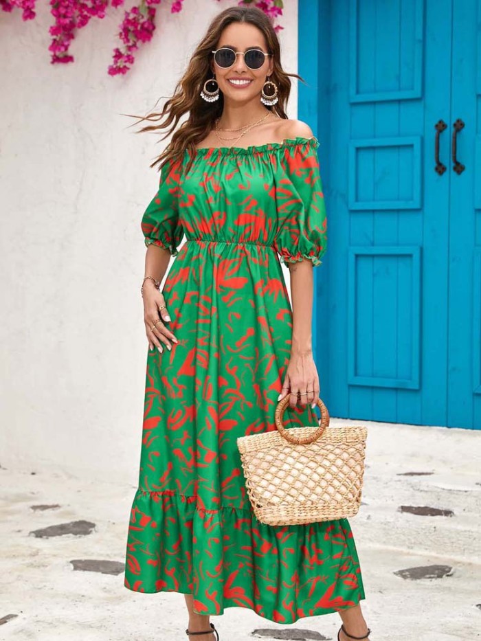 Summer Fashion Print Off Shoulder A-Line Holiday Beach Party Maxi Dress