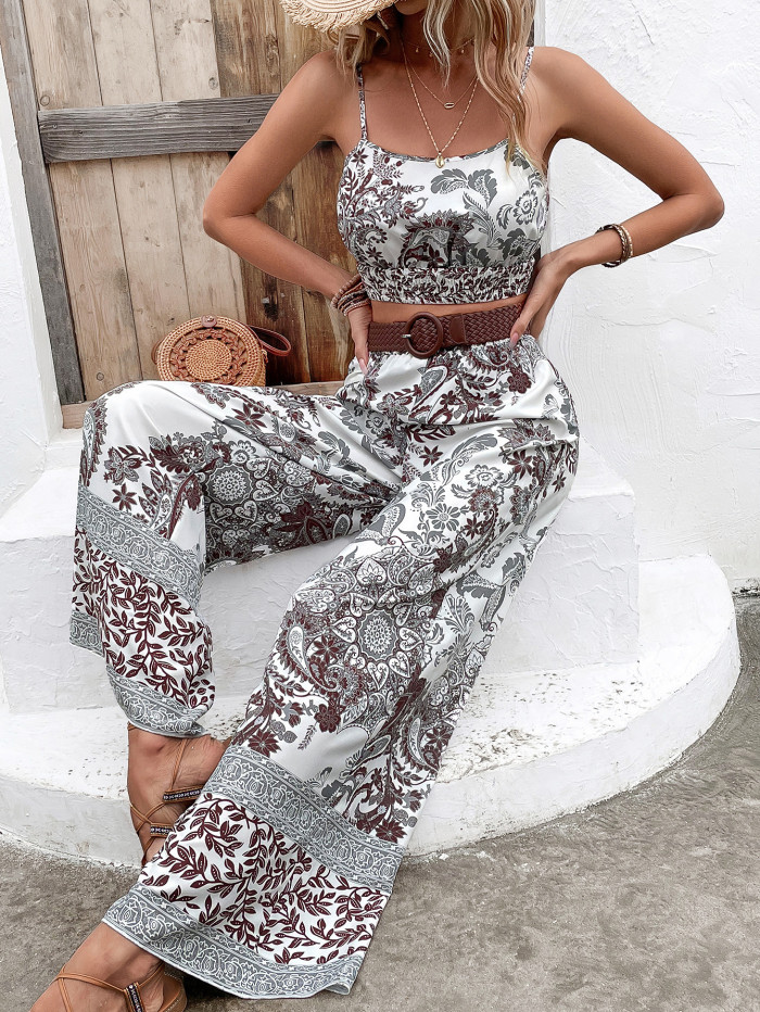 Women's Fashion Printed Suspenders Casual Top Trousers  Two Pieces Set