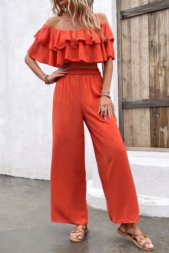 Fashionable Solid Color Off-Shoulder Ruffled Casual Tops And Pants Two Pieces
