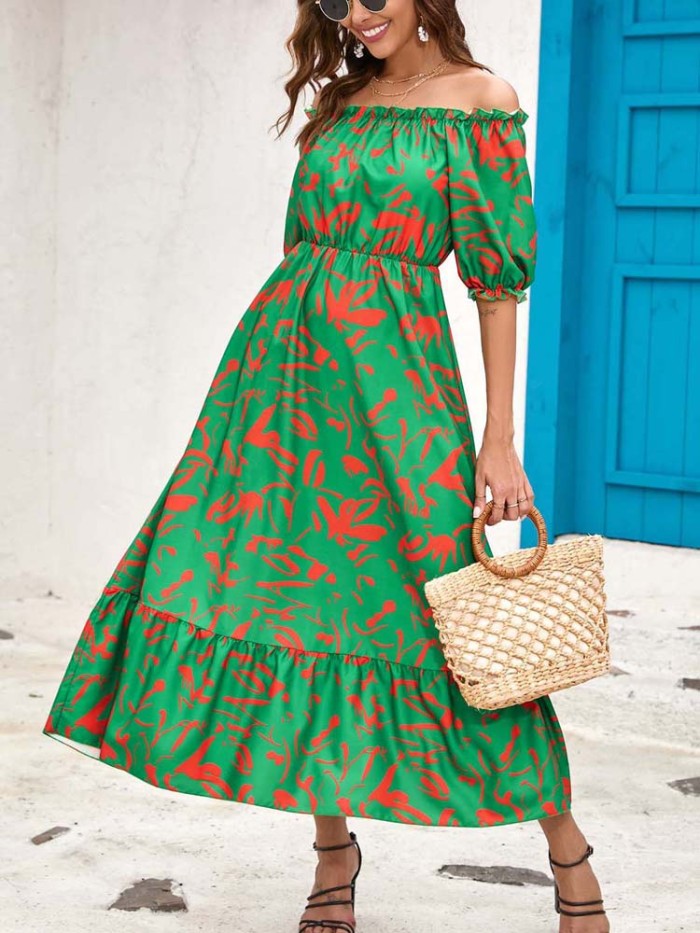 Summer Fashion Print Off Shoulder A-Line Holiday Beach Party Maxi Dress