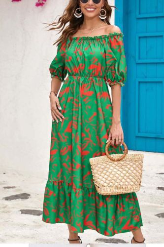 Summer Fashion Print Off Shoulder A-Line Holiday Beach Party Maxi Dress
