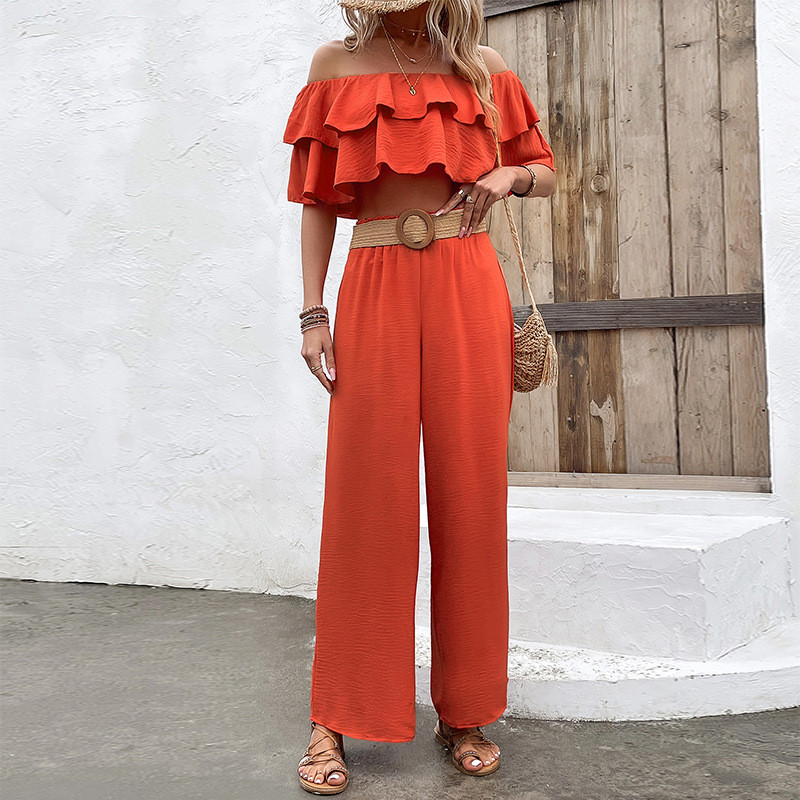 Fashionable Solid Color Off-Shoulder Ruffled Casual Tops And Pants Two Pieces