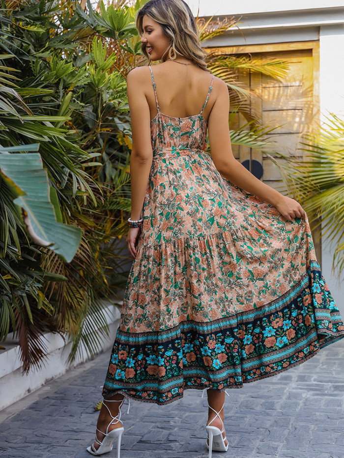 Sexy Floral Print Summer Casual Backless Ruffle Bohemian Elegant Sling Party Maxi Dress