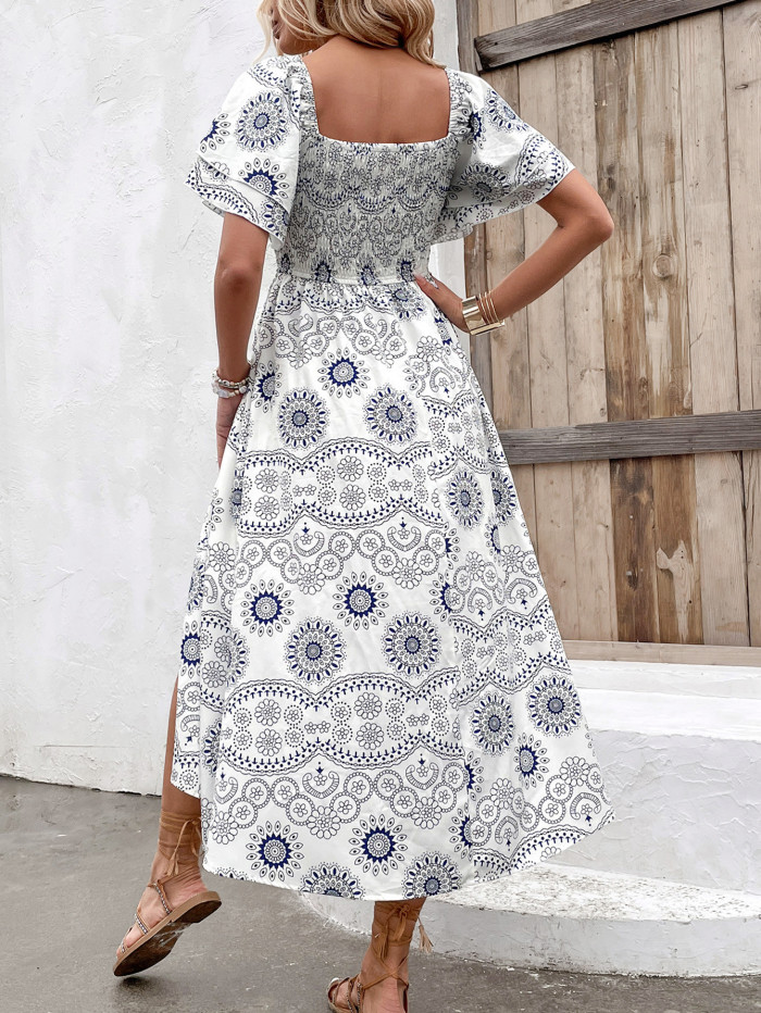 Summer Fashion Print Square Neck High Waist Slit Casual  Maxi Dress