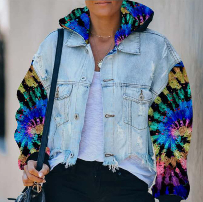 Women's Patchwork Fashion Casual Cropped Long Sleeve Casual Denim Jacket Coats