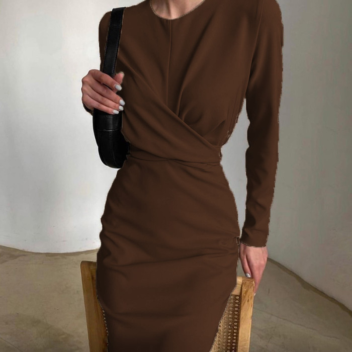 Casual Solid Color O Neck Party Elegant Long Sleeve Pleated Fashion Slit Body Maxi Dress