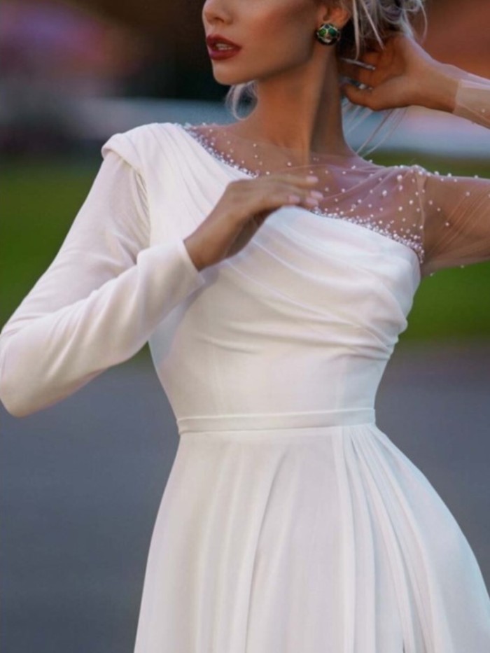 Women's Fashion  Slit Elegant O-Neck Sequin Pleated Solid  Maxi Dress