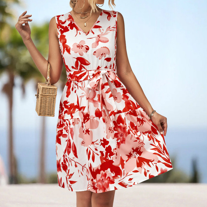 Women's Summer Casual Sleeveless Floral Print Tunic Cotton Mini Dress