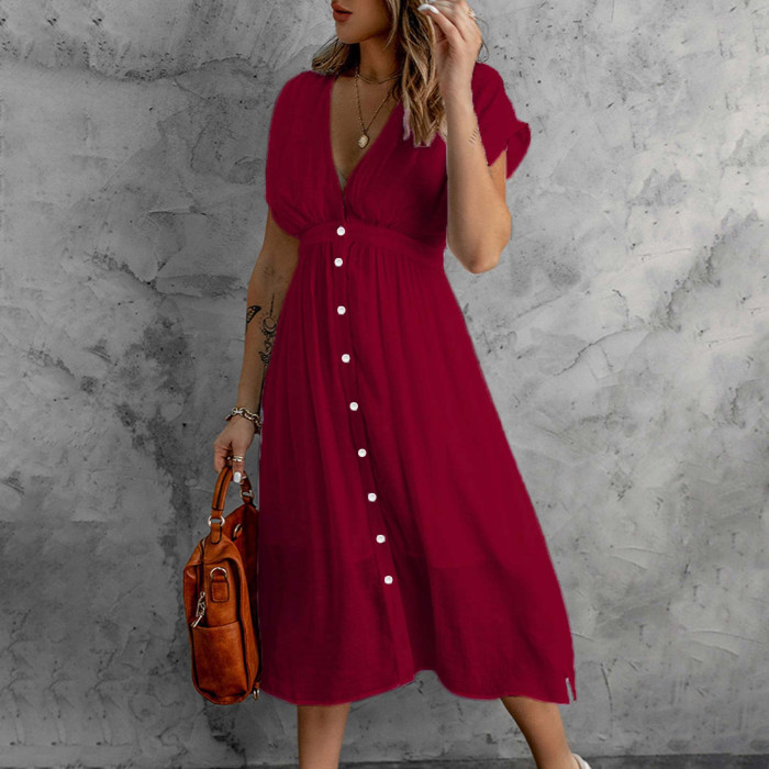 Casual Solid Color Ladies Summer Fashion V Neck Sleeveless  Midi Dress